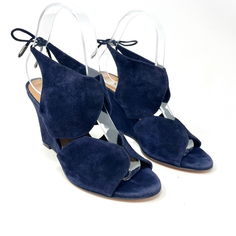 Aquazzura Iman Blue Suede Cutout Wedge Sandals Size 37.5 as seen Julianne Moore - Picture 6 of 13